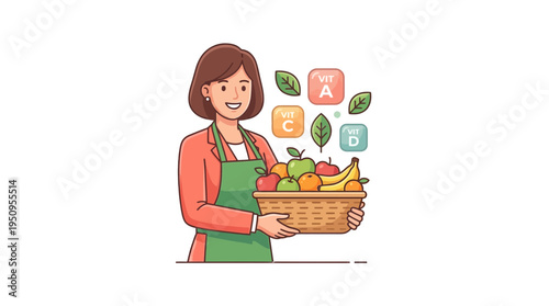Female nutritionist holding a basket of fresh fruits representing healthy diet vitamin intake and balanced lifestyle for wellness expert