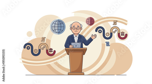 A pro giving a talk at a desk with a pad plus global art icons