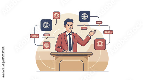 Professional male professor giving an educational lecture about global history timeline while standing behind a podium