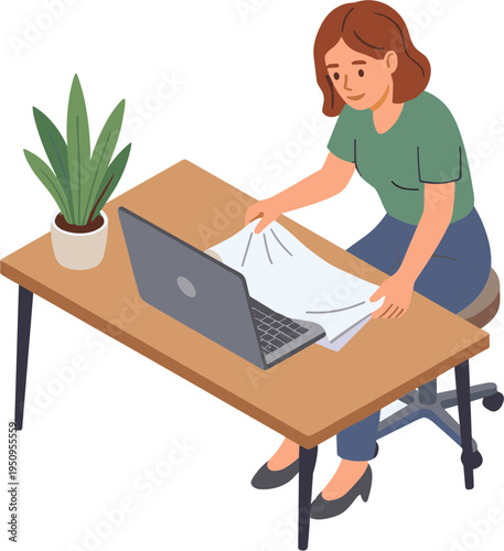 Woman sorts papers on desk with laptop nearby indoors