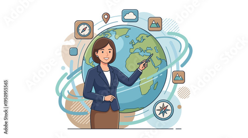 Female teacher pointing at globe map for geography education school learning travel and world study lesson