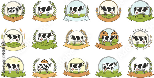 Dairy Farm Cow Badge Icon Set with Holstein Cattle Emblems, Farm Landscape Labels, and Agriculture Milk Production Symbols for Organic Dairy Branding Design
