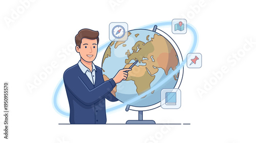 Male geography teacher pointing at earth globe with education map icons