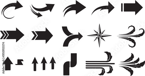 Collection of diverse black arrow shapes and directional indicators on transparent background silhouette