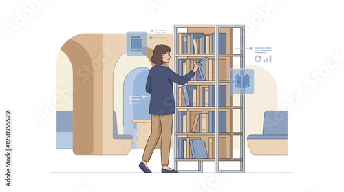 Female librarian at work in a modern library shelving books for education and study and learning and research