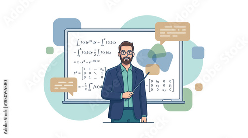 A professional male teacher with glasses standing in front of a digital whiteboard teaching complex mathematical equations and formulas