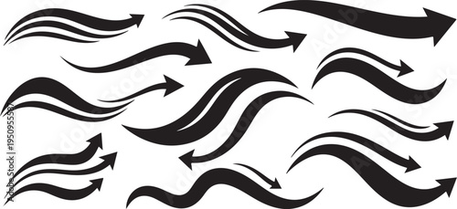 Collection of dynamic black arrow shapes on transparent background silhouette