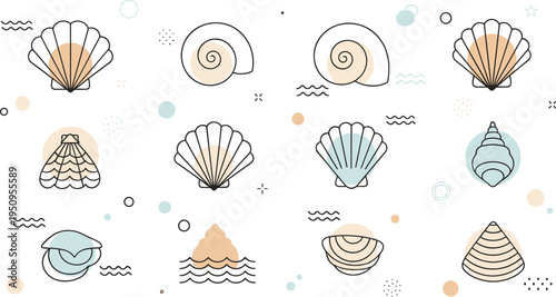 Minimal Seashell Icon Set with Ocean Shell Shapes, Scallop and Spiral Marine Elements for Beach, Coastal Design, Summer Vacation Graphics, and Sea Nature Themes