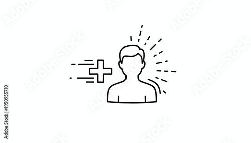 Positive energy, mental health, and well-being concept icon with human silhouette and radiating light