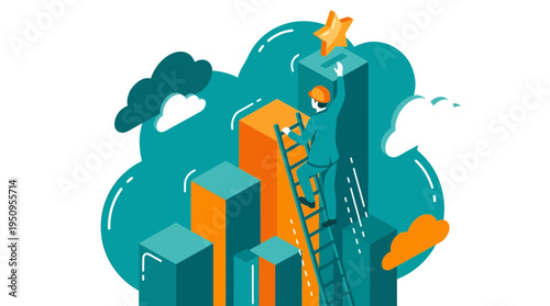 A man on a ladder climbs a bar chart for a gold star of success