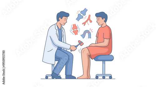 Side view of doctor with hammer to check the knee of a male patient in room