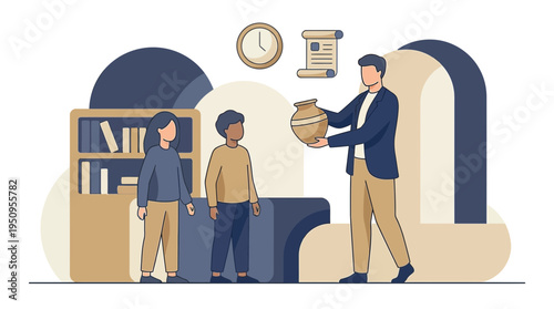 A man shows kids old vase in class for a school history lesson at noon