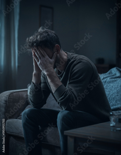 Stressed man sitting alone in dark room, mental health awareness and depression concept