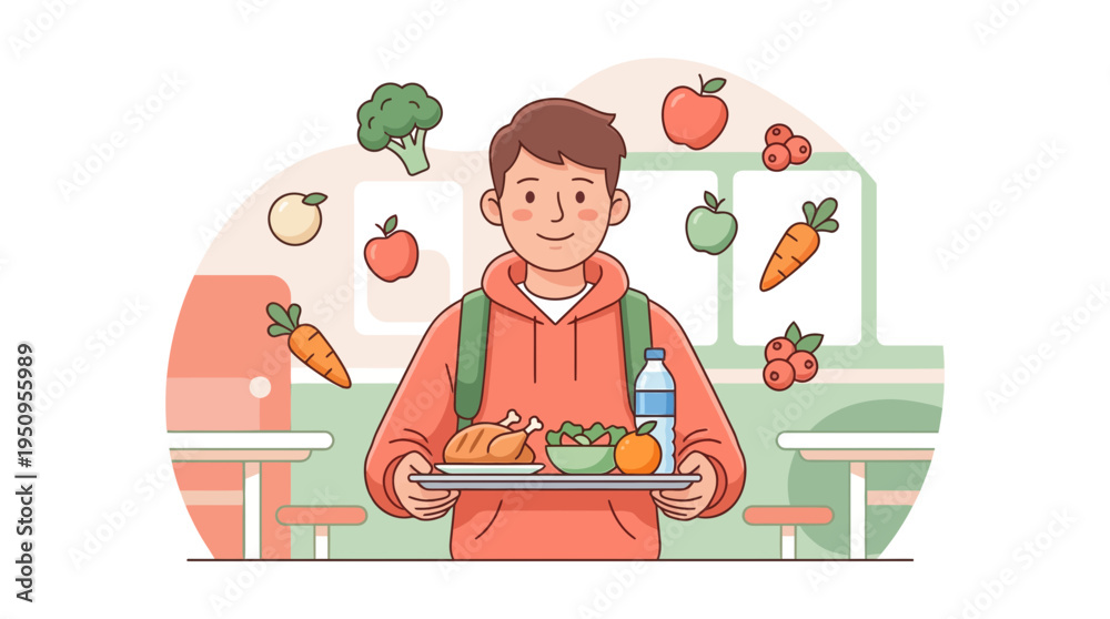 Fototapeta premium Student boy with tray meal food salad fruit water at school cafe hall area zone