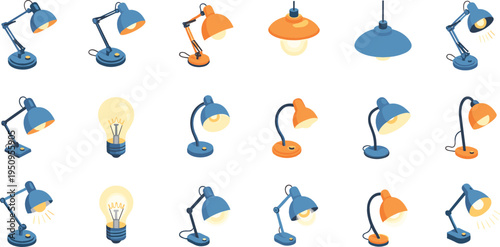 Desk Lamp and Light Bulb Icon Set with Modern Table Lighting Fixtures, Adjustable Study Lamps, and Electric Illumination Symbols for Home and Office Design