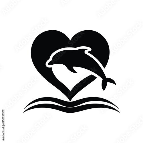 Dolphin jumping through heart silhouette icon