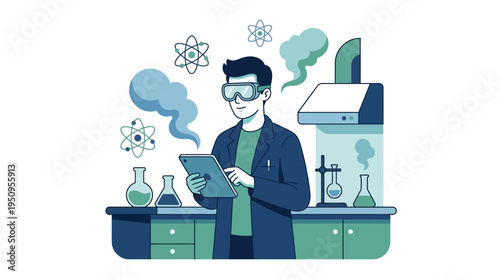 A man in lab coat use a pad for chemistry work and study now in class