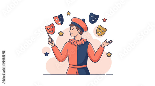 Student Actor in Costume with Floating Comedy and Tragedy Drama Masks