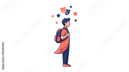A young male student wearing a cape and backpack with floating theater masks and glowing stars above him