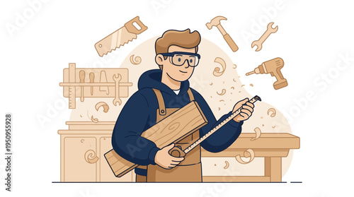 A boy in wood shop class with tool to measure wood and a saw and drill