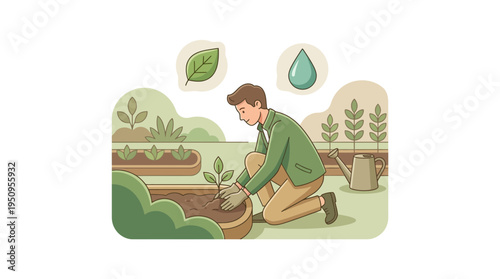 A man in a green top sets a new plant in dirt in the park