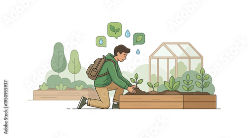 A boy with a bag sits to plant a seed in a bed near a glass shed