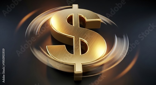Three dimensional metallic currency symbol rotates dynamically against a dark background