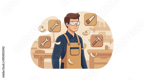 A boy in shop with an apron and goggles and wood tools and wood chips