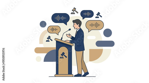 A student at a podium for a school debate or a law court talk speech