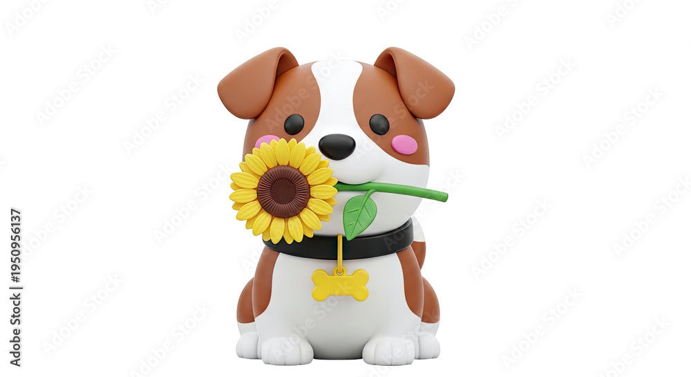 Fototapeta premium Cute cartoon dog with sunflower in mouth