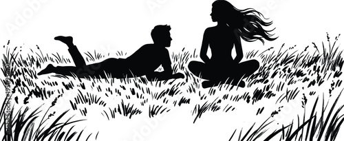 Romantic Couple Sitting on Grass Silhouette, Man and Woman Love Relationship Concept Illustration, Nature Lifestyle, Emotional Connection, Dating Scene Design