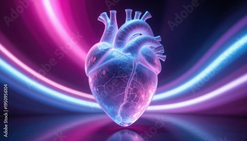 Translucent Glass Human Heart with Blue Glowing Veins and Pink Neon Light Trails, 3D Render