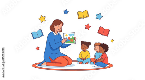 A girl and boy kids hear a lady read some big fun book for school