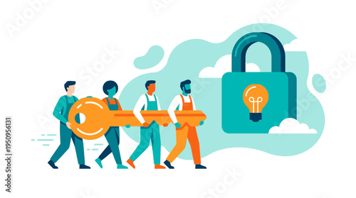 A team of four workers carry a big key to open the lock for a new idea