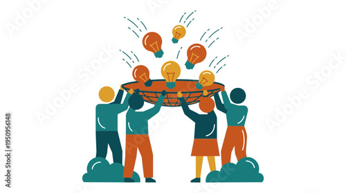 A diverse business team working together to catch falling lightbulbs with a net for creative brainstorming and innovation success