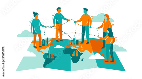 Global business team people connecting world map cities for international networking and logistics expansion strategy plan together today