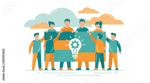 Diverse team of professional business people holding a giant banner showing an innovation lightbulb and gear icon together