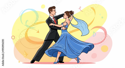Couple dancing tango man in black suit and woman in blue dress romantic movement colorful background