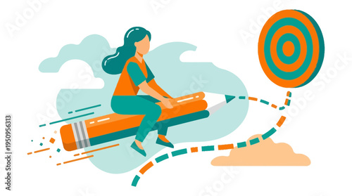 Woman on pen flies to aim for goal work plan win idea art skill act
