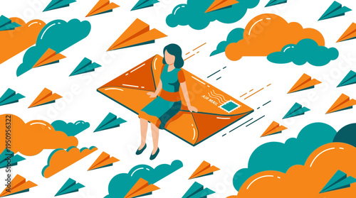 A girl sits on big mail to fly in sky with paper planes and clouds