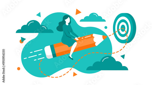 Woman on pen flies to hit goal aim and win fast with map in blue sky