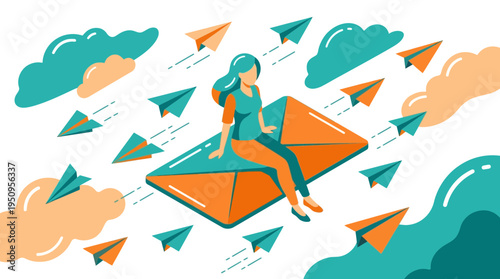 Woman Flying On Big Mail With Paper Planes In Sky Cloud Fast Message Idea Vector