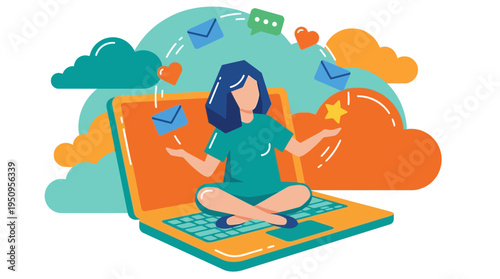 A girl sits on a pc and juggling icons of mail heart star chat cloud