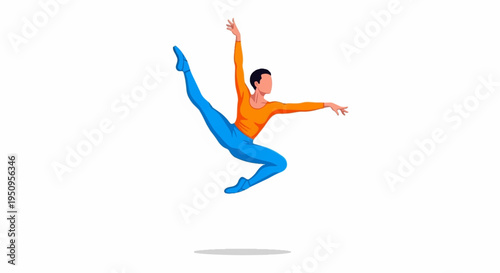 Man in orange shirt and blue pants jumping in air with arms outstretched in dynamic movement