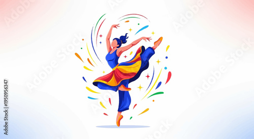 Dancer in colorful outfit performing dynamic movement with vibrant confetti background