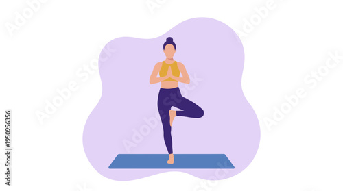 Fit girl in tree yoga pose on mat for zen life and calm mood daily