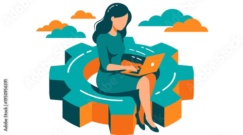 Lady sits on gear and uses a laptop for her work in the tech office