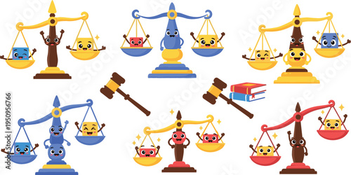 Cute Cartoon Justice Scales and Judge Gavel Character Set with Funny Law Mascots for Kids Education, Legal Concepts, and Playful Court Illustration Design