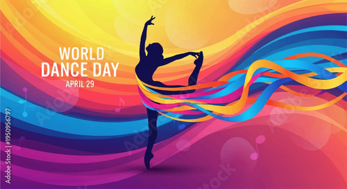 Silhouette of dancer in dynamic pose with colorful flowing fabric on world dance day background