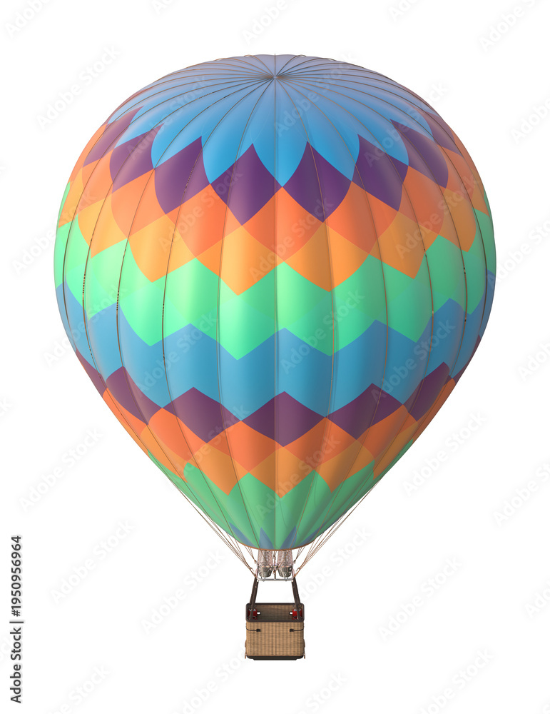 Fototapeta premium Colorful Hot Air Balloon with Chevron Pattern on White Background 3D Render